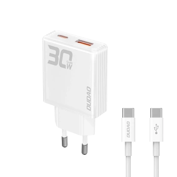 Dudao A30EUT GaN-Wandladegerät 30 W USB-A / USB-C-Kabel USB-C - USB-C - Weiß