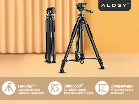 Statyw Fotograficzny Tripod Uniwersalny stojak do Kamer 1/4 uchwyt na telefon aparat 170cm Alogy Czarny
