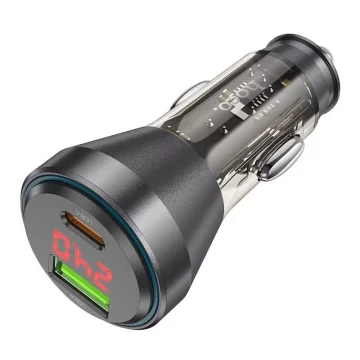 Ładowarka samochodowa HOCO USB A + Typ C z wyświetlaczem + kabel Typ C do Lightning PD QC3.0 3A 48W NZ12B transparentna czarna