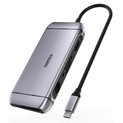 Choetech 9in1 multifunktionaler USB Typ C HUB - 3x USB 3.2 Gen 1 / SD- und TF-Kartenleser / HDMI 4K 30Hz / VGA Full HD 60Hz / USB Typ C / RJ45 grau (HUB-M15 grau)