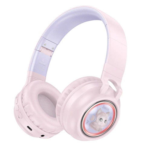 HOCO słuchawki bezprzewodowe Bluetooth W50 różowe z podświetleniem RGB i kotkami