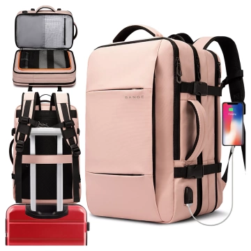 Plecak wodoodporny Bange na laptopa 15.6" miejski podróżny 47x31x15-25 cm do pracy samolotu męski damski z portem USB Różowy