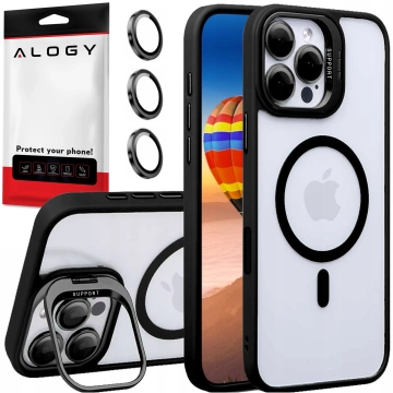 Etui hybrydowe ochronne do Apple iPhone 16 Pro Alogy KickStand Hybrid Case z podpórką do MagSafe Czarne + szkło hartowane