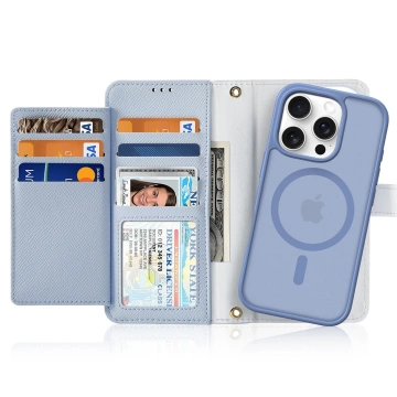 Etui skórzane do iPhone 16 Pro Max Dux Ducis Lawa z portfelem MagSafe Błękitne