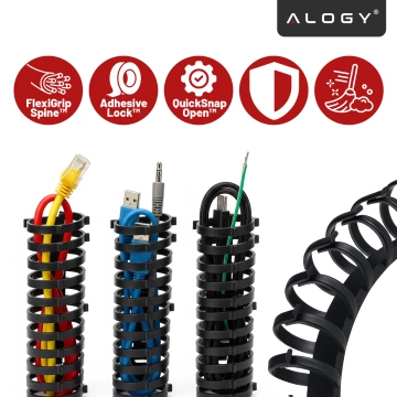 Federbelasteter Kabelorganizer für unter den Schreibtisch – flexible, selbstklebende Kabelmanagement-Abdeckung (50 × 4 cm) – Alogy CableStrip™ Schwarz