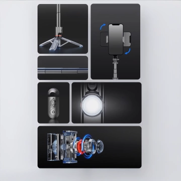 Gimbal stabilny Statyw z pilotem Bluetooth Selfie Stick Lampą LED oświetleniem obrotowy 360° 70cm Techsuit L19s Czarny
