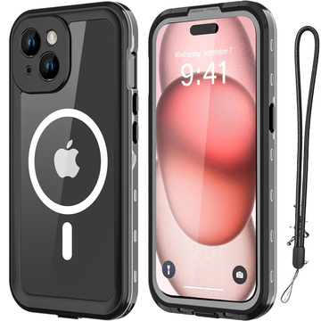 Etui do iPhone 15 Plus wodoodporne Mag Safe Case pancerne wodoszczelne obudowa czarno-szare