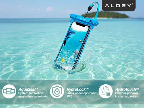 Alogy HydroShield™ Universal IPX8 wasserdichte Hülle für Smartphones bis 6,5 Zoll – Wasserdichter Schutz für Strand, Pool und Kajak, Touchscreen-Bedienung und Tragegurt – Blau