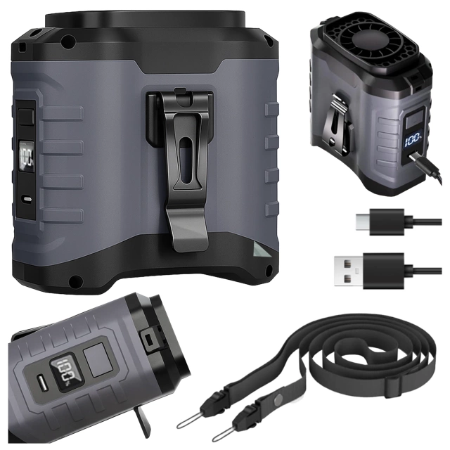 Wentylator z klipsem do paska, akumulator 4000 mAh, 5 poziomów prędkości, czas pracy 8–40 godzin, ładowanie przez USB, do stosowania na placach budowy, na zewnątrz, na wędrówki, do pracy latem, powerbankiem