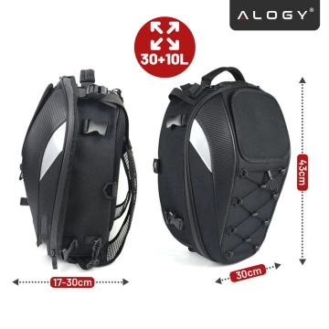 Plecak torba motocyklowa wodoodporna 40L – 5w1 – kufer, podsiodłowa, bagażnikowa, na kask, z pokrowcem, Nylon, torba miejska na motocykl – Alogy RoadMaster™  Czarna