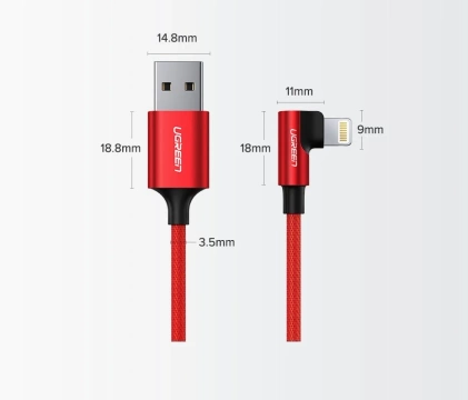 Kątowy kabel UGREEN przewód USB - Lightning MFI  1m 2,4A czarny (60521)