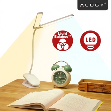 Lampka biurkowa nocna LED – akumulator 4000 mAh, podwójne oświetlenie, elastyczne ramię, klips z regulacją, idealna do biurka i łóżka – Alogy SmartClip™ Light Biała