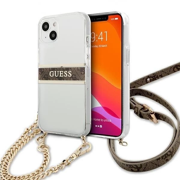 Guess GUHCP13SKC4GBGO iPhone 13 mini 5,4" Transparentes Hardcase 4G Brown Strap Gold Chain