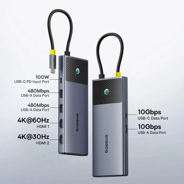 Baseus Metal Gleam Series II 7-w-1 USB-C Hub PD100W, 2×USB-A, 2×HDMI 4K