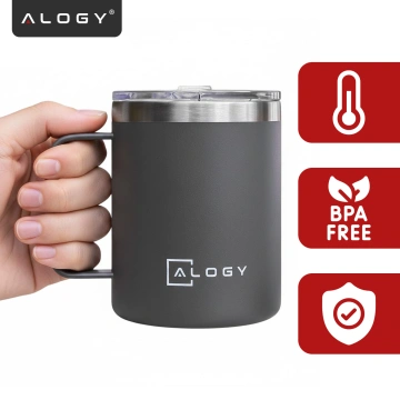 Thermobecher 420 ml mit Henkel und Deckel für Kaffee, Tee, Stahl, Kalt- und Heißgetränke Alogy Grey