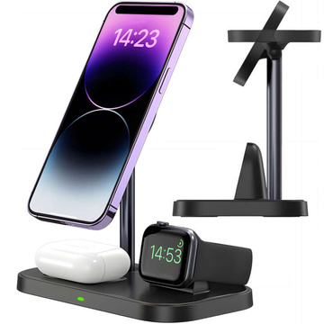 Qi Mag Safe 15W induktives Ladegerät für iPhone Apple Watch AirPods 3in1 kabellose Standstation Schwarz