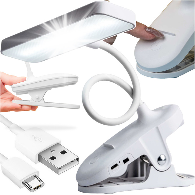 LED-Schreibtisch-Nachtlicht, Lesepult mit Clip, Clip-Lampe, Touch 3 Modi, kabelloses USB-Kabel, Weiß