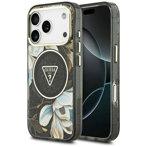 Etui Guess MagSafe do iPhone 17 Pro IML Glitter Flowers Triangle Black