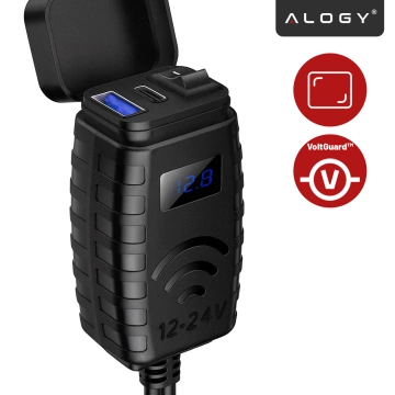 Alogy MotoCharge Pro™ Motorradladegerät mit Display, 36 W PD QC 3.0 Schnellladung, USB-A- und USB-C-Anschlüsse, wasserdicht und robust, Schwarz