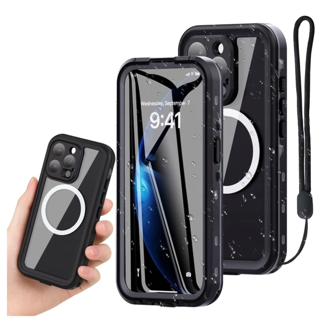 Hülle für iPhone 15 wasserdicht Mag Safe Case gepanzertes wasserdichtes Gehäuse schwarz und grau