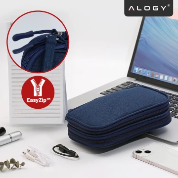 Reiseetui mit Organizer für Kabel, Ladegeräte, Handy und Powerbank, multifunktional und kompakt (21 x 12,5 x 5 cm), Alogy TravelPack™ – Marineblau