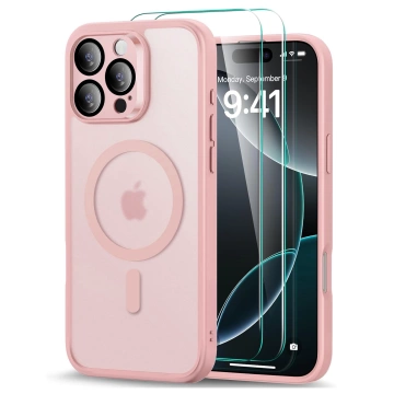 3-in-1 Hybrid-Glashüllen-Set für Apple iPhone 16 Pro: Schutzhülle mit Hybrid-MagSafe-Funktion und Linsenschutz, 2x Displayschutzfolie aus gehärtetem Glas, Alogy 3-in-1-Hüllen-Set, Pink