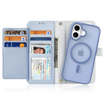 Etui skórzane do iPhone 16 Dux Ducis Lawa z portfelem MagSafe błękitne