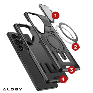 Etui do Samsung Galaxy S25 Ultra Case do MagSafe Wzmocniona Pancerna ochrona obiektywów z funkcją podstawki obudowa ochronna na telefon Alogy HeavyDuty Mag™️Czarne + SZKŁO HARTOWANE