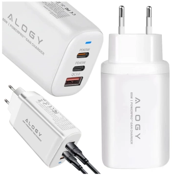 Ładowarka Sieciowa Szybka 3w1 do telefonu samsung iphone GaN3 65W PD i QC, Porty 2x USB-C 65W + USB-A 30W, Alogy GaNCharge Compact™ – Biała