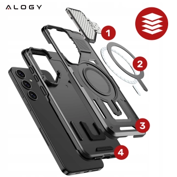 Etui do Samsung Galaxy S25 Case do MagSafe Wzmocniona Pancerna ochrona obiektywów z podstawką obudowa ochronna na telefon Alogy HeavyDuty Mag™️ + Szkło hartowane 