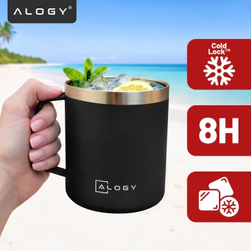 Thermobecher 420 ml mit Henkel und Deckel für Kaffee, Tee, Stahl, Kalt- und Heißgetränke, Alogy Black