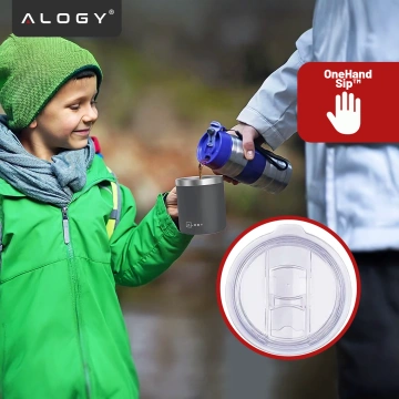 Kubek termiczny 420ml z uchwytem pokrywką na kawę herbatę stalowy zimne i ciepłe napoje Alogy Szary