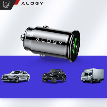 Ładowarka samochodowa 38W USB QC 3.0 18W + USB-C C PD 20W szybka mocna do telefonu Alogy Car czarna + Kabel USB-C 1m