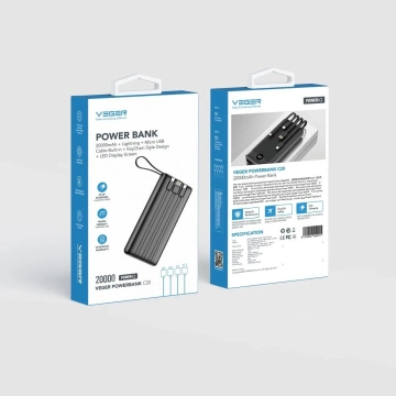 Powerbank Externer Akku (POWER BANK) VEGER C20 – 20.000 mAh (Micro Typ C Lightning 8-polig) schwarz W2047