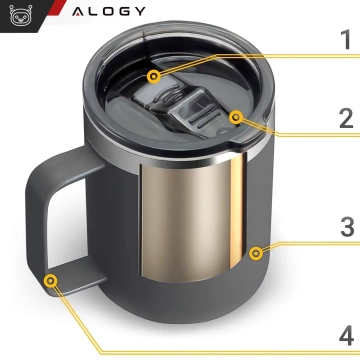Kubek termiczny 420ml z uchwytem pokrywką na kawę herbatę stalowy zimne i ciepłe napoje Alogy Szary + Szczotka do mycia