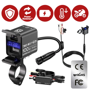 Ładowarka Motocyklowa Kewig, Uniwersalna Aluminiowa 100W, Dwukierunkowa z Woltomierzem, Szybkie Ładowanie USB-A i USB-C, Inteligentna i Wodoodporna – Czarna