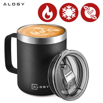 Thermobecher 420 ml mit Henkel und Deckel für Kaffee, Tee, Stahl, Kalt- und Heißgetränke, Alogy Black