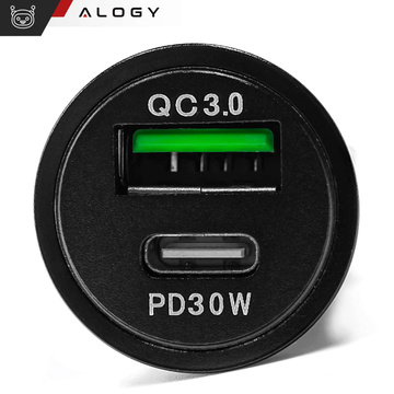 Ładowarka samochodowa 48W USB QC 3.0 18W + USB-C C PD 30W szybka mocna do telefonu Alogy Car czarna + Kabel USB-C 1m