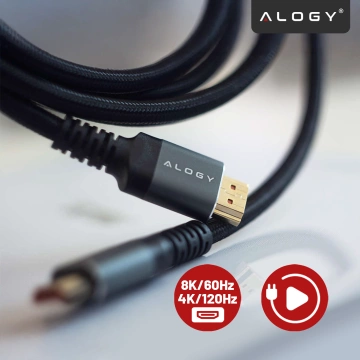 Kabel HDMI 2.1 10 m, 4K/8K Alogy Ultra High Speed™ 48 Gbps 60Hz, Premium z Pozłacanymi Końcówkami, Nylonowy Oplot, Miedziany – Czarny