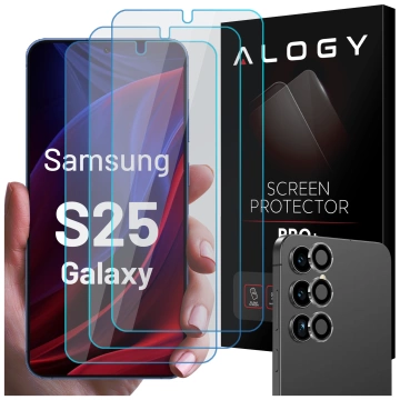 3x Displayschutzglas aus gehärtetem Glas für Samsung Galaxy S25, Schutzglas für Bildschirm und Kamera, 9H Alogy GlassGuard Pack™️ Schutzglas-Set