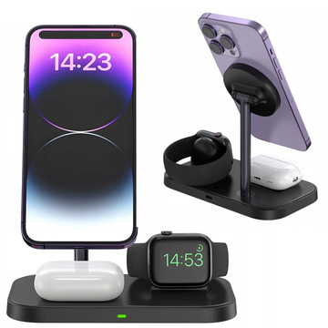 Ładowarka indukcyjna Qi Mag Safe 15W do iPhone Apple Watch AirPods 3w1 bezprzewodowa stojak podstawka stacja Czarna