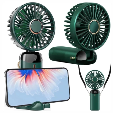 Wentylator Wiatrak Ręczny Bezprzewodowy, Przenośny i Biurkowy, z Uchwytem na Telefon, Ładowanie USB-C, Bateria 18650, Alogy CoolBreeze™ – Zielony