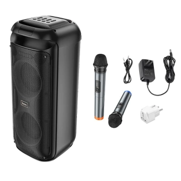 HOCO HA13 Pro zestaw karaoke 60 W, RGB LED, 2× mikrofony TWS, BT 5.4