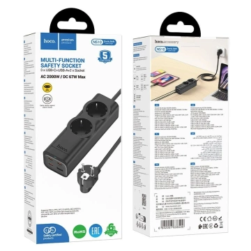 Przedłużacz ładowarka Hoco NS10 2 m 67W 2x230V + USB-C 3x + USB-A Czarny