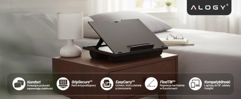 Składana Podstawka na Laptopa do 16 cali z Regulacją Kąta Nachylenia, Miękkimi Poduszkami i Antypoślizgową Powierzchnią, do Pracy w Łóżku i na Sofie, Alogy LapDesk™ – Czarna