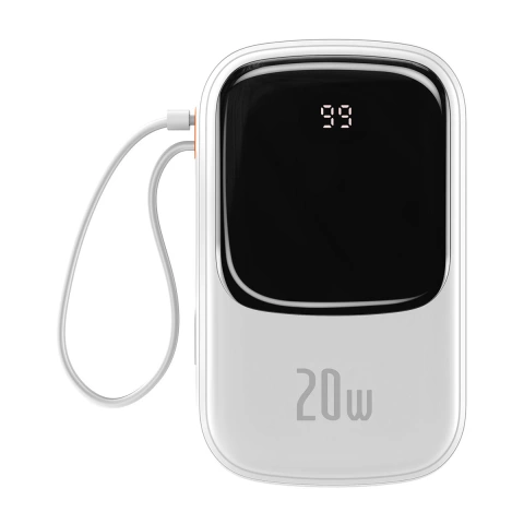Powerbank z szybkim ładowaniem Baseus Qpow Digital Display 20000mAh 20W QC/PD/SCP/FCP z wbudowanym kablem Lightning biały