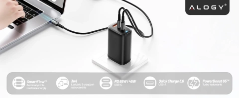 Alogy GaNCharge Kompaktes 3-in-1-Wandladegerät, schnelles Laden, GaN3, 65 W, USB-A, 30 W, 2 x USB-C, 65 W, Schwarz