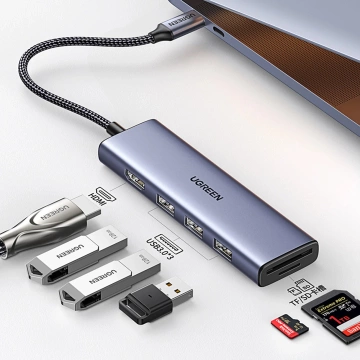 HUB 6w1 Ugreen CM511 USB-C HDMI 3xUSB-A SD TF 5Gb/s 4K Szary