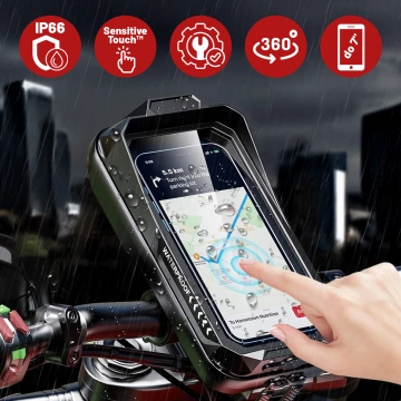 Motorrad-Handytasche für Smartphones bis 7 Zoll, wasserdicht (IP66), mit Touchscreen, Kabelanschluss, für Motorräder, Fahrräder, Roller und Co. – Schwarz