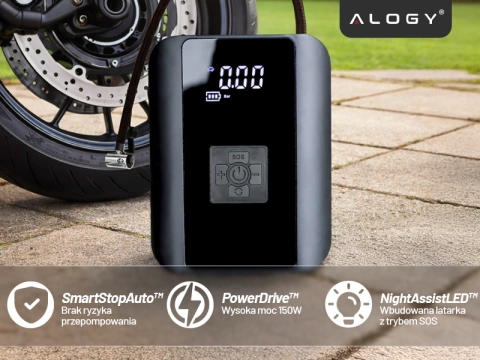 Elektrische Fahrradpumpe für Fahrräder, kabelloser Auto-Luftkompressor, tragbar mit Taschenlampe, 150 PSI Alogy Schwarz